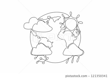 Single one line drawing globe with various weather prediction icons. The north is in summer. The south entering the rainy season. World Meteorological Day. Continuous line design graphic illustration Single one line drawing globe with various weather prediction icons. The north is in summer. The south entering the rainy season. World Meteorological Day. Continuous line design graphic illustration 121350341