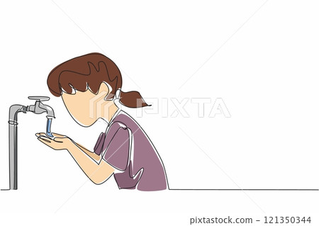 Continuous one line drawing girl holds and inhales water with her palms. The water source is getting closer. No anxiety. Full of happiness. World Water Day. Single line draw design vector illustration 121350344