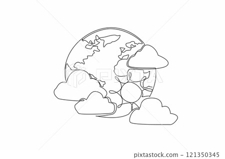 Single one line drawing the globe surrounded by several clouds and the sun. Experts predict the rainy season has not yet arrived. World Meteorological Day. Continuous line design graphic illustration 121350345