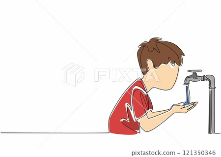 Single continuous line drawing little boy holds and inhales water with his palms. Feel the coolness. There is no longer any drought. Water flow. World Water Day. One line design vector illustration 121350346