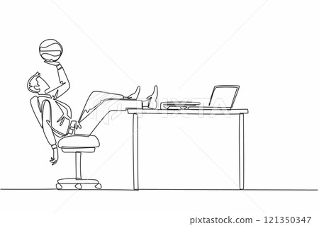 Single continuous line drawing businessman sitting back lazily holding basketball. Don't care about the amount of work. Exercising. Playing. National Goof Off Day. One line design vector illustration 121350347