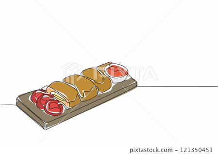 Single continuous line drawing chicken cordon bleu served on a chopping board. Plating that increases hunger. Enjoy every bite. National Chicken Cordon Bleu Day. One line design vector illustration 121350451