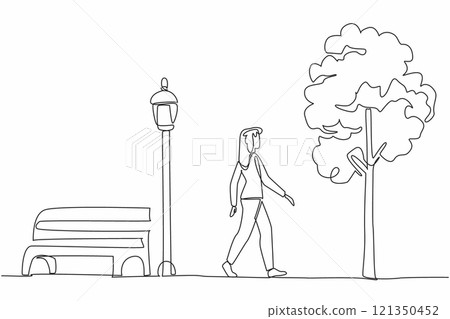 Single one line drawing young woman in casual clothes walking in the park. Healthy activity. Take a leisurely walk. Without pollution. National Walking Day. Continuous line design graphic illustration 121350452