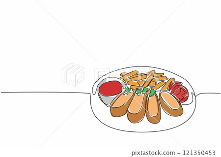 Continuous one line drawing chicken cordon bleu cut into pieces served on a large gray plate. Eaten with chili sauce. National Chicken Cordon Bleu Day. Single line draw design vector illustration 121350453