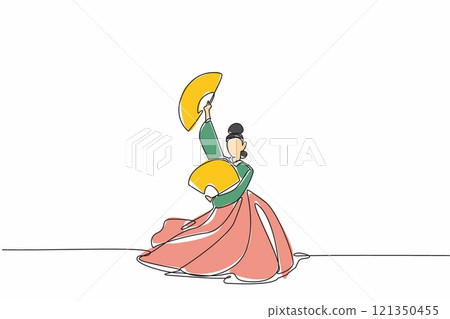 Single one line drawing woman wearing the hanbok dancing and holding a paper fan in both hands. The fluid movements display stunning action. Fan Dance Day. Continuous line design graphic illustration Single one line drawing woman wearing the hanbok dancing and holding a paper fan in both hands. The fluid movements display stunning action. Fan Dance Day. Continuous line design graphic illustration 121350455
