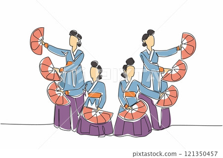 Single continuous line drawing group of women wearing Hanbok posing doing fan dance. Introducing traditions in a unique way. Local customs. Art. Fan Dance Day. One line design vector illustration Single continuous line drawing group of women wearing Hanbok posing doing fan dance. Introducing traditions in a unique way. Local customs. Art. Fan Dance Day. One line design vector illustration 121350457