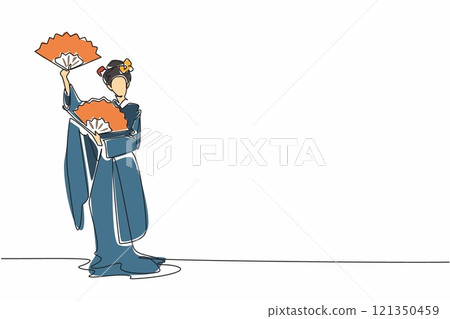 Single continuous line drawing woman wearing kimono holding paper fan in both hands. Flexible movements that invite amazement. Traditional. Ethnic. Fan Dance Day. One line design vector illustration Single continuous line drawing woman wearing kimono holding paper fan in both hands. Flexible movements that invite amazement. Traditional. Ethnic. Fan Dance Day. One line design vector illustration 121350459