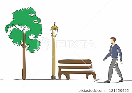 Single continuous line drawing casual man walking in the park. Weekend habit. Spending time breathing fresh air. Refreshing. Relaxation. National Walking Day. One line design vector illustration 121350465