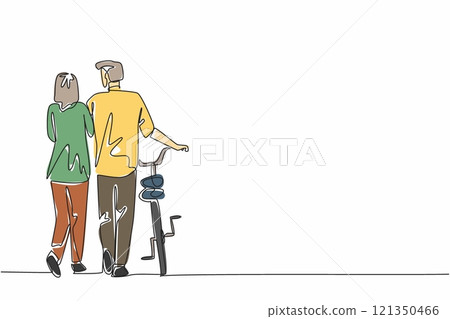 Single continuous line drawing old couple holding hands walking together. Old man leading a bicycle. Welcoming the dusk. A romance. Culture. National Walking Day. One line design vector illustration 121350466