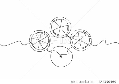 Continuous one line drawing one whole orange and three pieces of orange. Fulfilling daily vitamin C intake. Freshness during summer. National Vitamin C Day. Single line draw design vector illustration Continuous one line drawing one whole orange and three pieces of orange. Fulfilling daily vitamin C intake. Freshness during summer. National Vitamin C Day. Single line draw design vector illustration 121350469