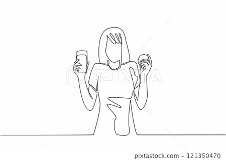 Single one line drawing woman holding whole orange and glass of orange juice. Unmatched freshness. Add ice for more enjoyment.  National Vitamin C Day. Continuous line design graphic illustration 121350470
