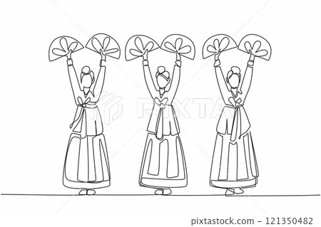 Single continuous line drawing 3 women wearing traditional Korean clothes are posing dancing. Ethnic dance. Performing dance at festival events. Fan Dance Day. One line design vector illustration Single continuous line drawing 3 women wearing traditional Korean clothes are posing dancing. Ethnic dance. Performing dance at festival events. Fan Dance Day. One line design vector illustration 121350482