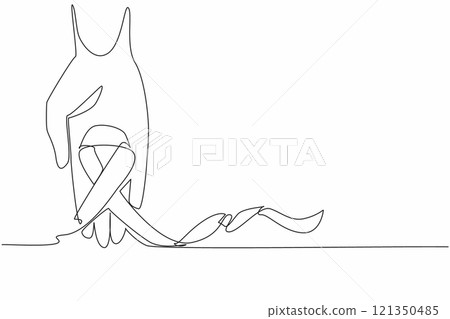 Continuous one line drawing hand hold green ribbon. Symbol of guarding and caring with care. They should be happy. National Cerebral Palsy Awareness Month. Single line draw design vector illustration 121350485