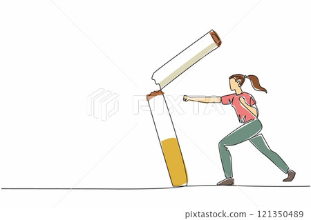 Single continuous line drawing woman hits a large cigarette until it breaks. Stay away from cigarettes. Cigarettes are not good for anyone. Say no to smoking. One line design vector illustration Single continuous line drawing woman hits a large cigarette until it breaks. Stay away from cigarettes. Cigarettes are not good for anyone. Say no to smoking. One line design vector illustration 121350489