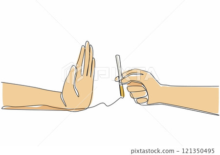 Single one line drawing one hand holding a cigarette and the other hand raised as if to stop. Say no to substances that contain many dangers. No to tobacco. Continuous line design graphic illustration Single one line drawing one hand holding a cigarette and the other hand raised as if to stop. Say no to substances that contain many dangers. No to tobacco. Continuous line design graphic illustration 121350495