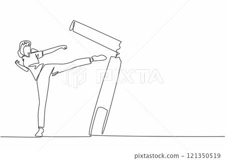 Single one line drawing woman kicks big cigarette stick until it breaks. Destroying addictive substances that have no benefits at all. Stop smoking. Quit. Continuous line design graphic illustration 121350519