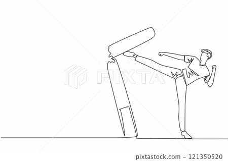 Continuous one line drawing man kicks big cigarette stick until it breaks. Professional athlete who loves healthy living. No cigarette smoke in daily life. Single line draw design vector illustration Continuous one line drawing man kicks big cigarette stick until it breaks. Professional athlete who loves healthy living. No cigarette smoke in daily life. Single line draw design vector illustration 121350520