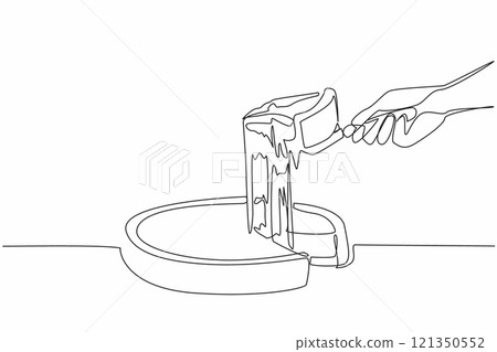 Continuous one line drawing deep dish pizza is lifted from a whole circle. Thick and tasty mozzarella. Yummy. Chicago style. National Deep Dish Pizza Day. Single line draw design vector illustration 121350552