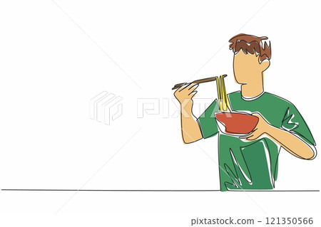 Single one line drawing man devouring ramen with chopsticks. Inhale the delicious aroma of ramen when lifted. A satisfying delicacy. National Ramen Day. Continuous line design graphic illustration Single one line drawing man devouring ramen with chopsticks. Inhale the delicious aroma of ramen when lifted. A satisfying delicacy. National Ramen Day. Continuous line design graphic illustration 121350566