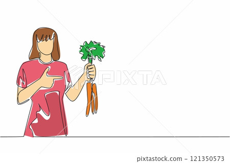Continuous one line drawing woman holding some carrots with the tips of the leaves still thick. Source of vitamins and minerals. International Carrot Day. Single line draw design vector illustration 121350573