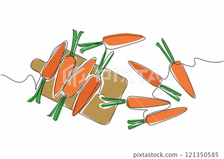 Continuous one line drawing some carrots scattered near the cutting board. Foods that can fight growth of cancer cells. Health. International Carrot Day. Single line draw design vector illustration Continuous one line drawing some carrots scattered near the cutting board. Foods that can fight growth of cancer cells. Health. International Carrot Day. Single line draw design vector illustration 121350585