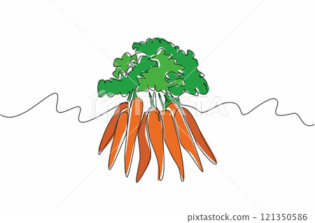 Single one line drawing 8 carrots with thick leaf tips. Some of the harvests will be processed by ourself. Healthy garden. Health. International Carrot Day. Continuous line design graphic illustration Single one line drawing 8 carrots with thick leaf tips. Some of the harvests will be processed by ourself. Healthy garden. Health. International Carrot Day. Continuous line design graphic illustration 121350586