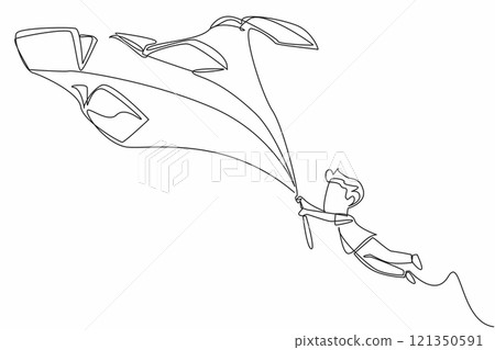 Single one line drawing a boy flies while holding a rope tied to 5 flying books. Flown by dreams. Interesting fiction. International of Children Book Day. Continuous line design graphic illustration 121350591