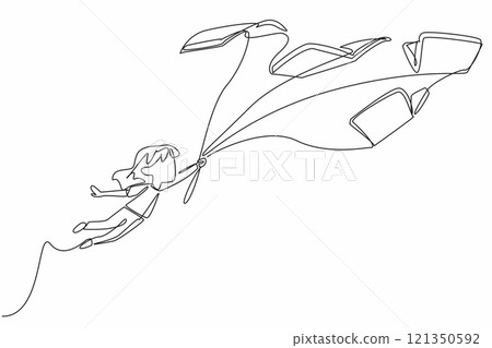 Single continuous line drawing a girl flies while holding a rope tied to 5 flying books. Interesting fairy tale storyline.  International of Children Book Day. One line design vector illustration 121350592