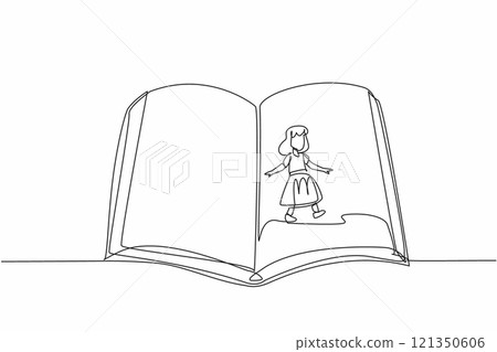 Single one line drawing girl walking in the middle of open big books holding bookmark. Open the latest page. New hobby. International of Children Book Day. Continuous line design graphic illustration Single one line drawing girl walking in the middle of open big books holding bookmark. Open the latest page. New hobby. International of Children Book Day. Continuous line design graphic illustration 121350606