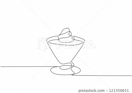 Single one line drawing one cone glass of chocolate mousse with whipped cream topping and raspberry. Perfect for summer. National Chocolate Mousse Day. Continuous line design graphic illustration Single one line drawing one cone glass of chocolate mousse with whipped cream topping and raspberry. Perfect for summer. National Chocolate Mousse Day. Continuous line design graphic illustration 121350631