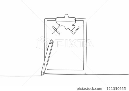 Single one line drawing clipboard with check mark and X symbol. List truth in detail. Avoid lies. Anti hoax information. International Fact-Checking Day. Continuous line design graphic illustration Single one line drawing clipboard with check mark and X symbol. List truth in detail. Avoid lies. Anti hoax information. International Fact-Checking Day. Continuous line design graphic illustration 121350635