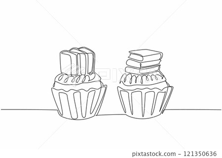 Continuous one line drawing two cupcakes with book topping. Educational theme. Reading is as delicious as sweet snacks. Increase knowledge. Edible Book Day. Single line draw design vector illustration 121350636