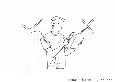 Continuous one line drawing a man points a magnifier at a tab he is holding. Checking the truth of the news. Avoiding hoax. International Fact-Checking Day. Single line draw design vector illustration 121350637