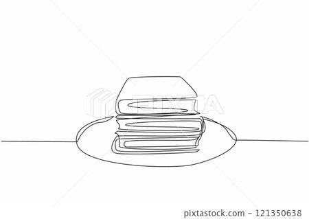 Continuous one line drawing dishes three stacks of thick books. An interesting metaphor. Serving up knowledge.  Education. Literature. Edible Book Day. Single line draw design vector illustration 121350638
