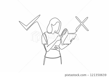 Continuous one line drawing a woman points a magnifier at a held tab. Reading gossip. Search for the truth. Fact or fake. International Fact-Checking Day. Single line draw design vector illustration 121350639
