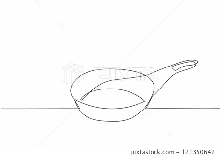 Continuous one line drawing teflon pan. Cooking utensils coated with non-stick technology. Evenly and perfectly cooked. Save fuel. National Teflon Day. Single line draw design vector illustration Continuous one line drawing teflon pan. Cooking utensils coated with non-stick technology. Evenly and perfectly cooked. Save fuel. National Teflon Day. Single line draw design vector illustration 121350642