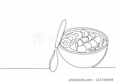 Single continuous line drawing melamine acai bowl containing several pieces of fruit. A dish is not only delicious but also super healthy. National Acai Bowl Day. One line design vector illustration Single continuous line drawing melamine acai bowl containing several pieces of fruit. A dish is not only delicious but also super healthy. National Acai Bowl Day. One line design vector illustration 121350644