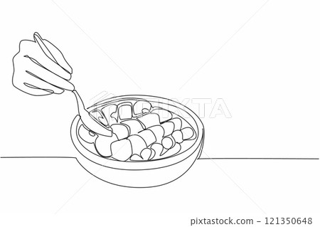 Continuous one line drawing people scooping from wooden acai bowl containing pieces of several fruits. Contains lots of vitamins. National Acai Bowl Day. Single line draw design vector illustration 121350648