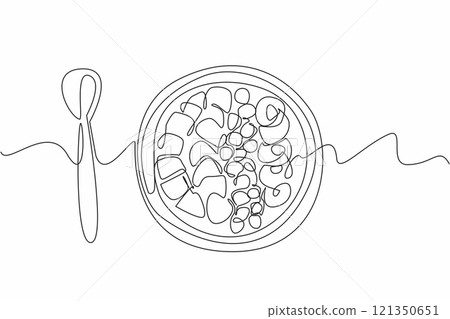 Single one line drawing wooden acai bowl contains some pieces of fruit and there is a wooden spoon. Improve digestive health. Tasty. National Acai Bowl Day. Continuous line design graphic illustration 121350651