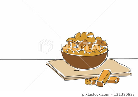 Continuous one line drawing caramel popcorn in a brown wooden bowl and on a cloth base. Snacks with a sweet taste. Munchies. National Caramel Popcorn Day. Single line draw design vector illustration 121350652