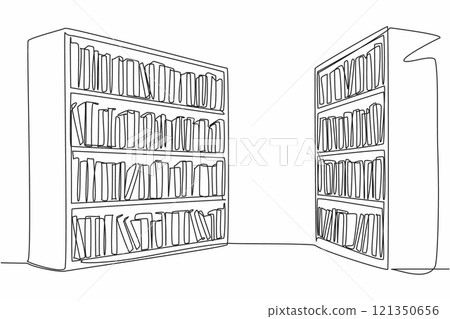 Single one line drawing two bookcases facing each other. One of the decoration corners in the library. Reading corner. Knowledge. National Library Day. Continuous line design graphic illustration 121350656
