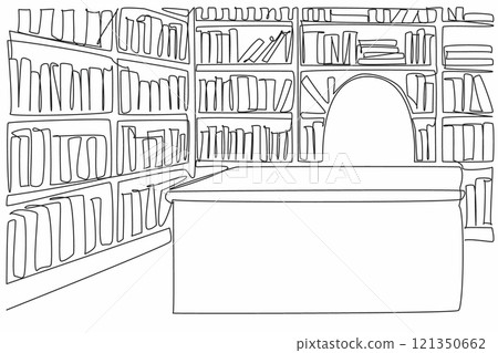 Continuous one line drawing librarian desk and chair in the corner of the library. Place for manual membership card making. Interior. National Library Day. Single line draw design vector illustration 121350662