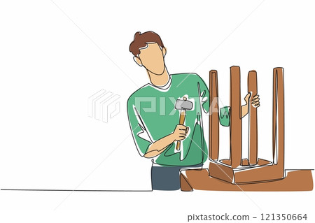 Continuous one line drawing a man fixing a chair in inverted position with hammer. Skill and patience. Becoming a skilled man. Repairing. National DIY Day. Single line draw design vector illustration 121350664
