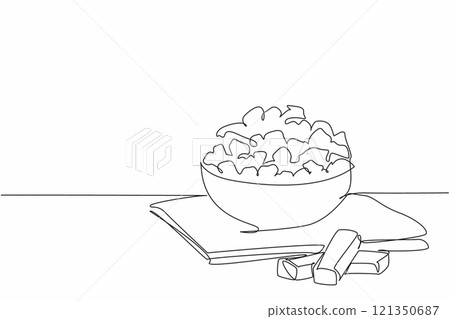 Continuous one line drawing caramel popcorn in a brown wooden bowl and on a cloth base. Snacks with a sweet taste. Munchies. National Caramel Popcorn Day. Single line draw design vector illustration 121350687