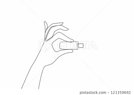 Single continuous line drawing hand is holding a flash drive. Has the largest storage media up to 1TB. Small things with many benefits. National Flash Drive Day. One line design vector illustration Single continuous line drawing hand is holding a flash drive. Has the largest storage media up to 1TB. Small things with many benefits. National Flash Drive Day. One line design vector illustration 121350692