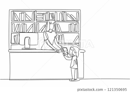Continuous one line drawing female librarian received book from female student. Ask something about book. Patient in serving. National School Librarian Day. Single line draw design vector illustration 121350695