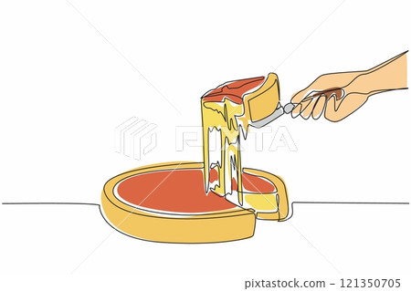 Continuous one line drawing deep dish pizza is lifted from a whole circle. Thick and tasty mozzarella. Yummy. Chicago style. National Deep Dish Pizza Day. Single line draw design vector illustration Continuous one line drawing deep dish pizza is lifted from a whole circle. Thick and tasty mozzarella. Yummy. Chicago style. National Deep Dish Pizza Day. Single line draw design vector illustration 121350705