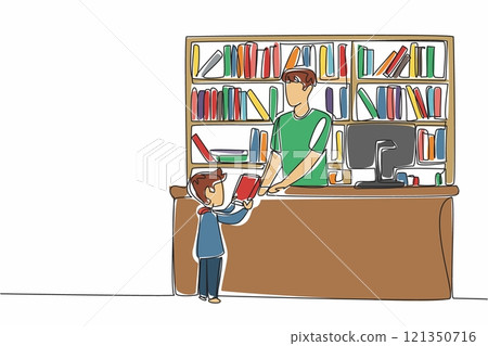Single one line drawing male librarian receives book from male student. Daily work of a librarian. Large collection of books. National School Librarian Day. Continuous line design graphic illustration Single one line drawing male librarian receives book from male student. Daily work of a librarian. Large collection of books. National School Librarian Day. Continuous line design graphic illustration 121350716