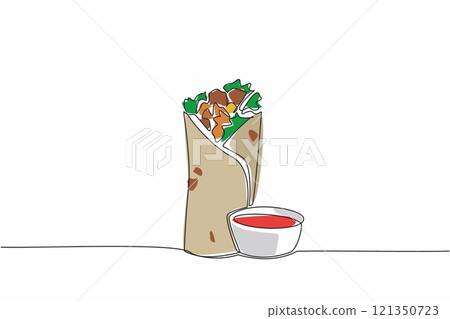 Single one line drawing standing burrito serving and chili sauce in small bowl. Introducing deliciousness of Mexican food more widely. National Burrito Day. Continuous line design graphic illustration 121350723