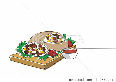 Single continuous line drawing 2 burritos stacked on a cutting board. Serving with large portions. Filling. Delicious. Delight. Tasty. Yummy. National Burrito Day. One line design vector illustration 121350724